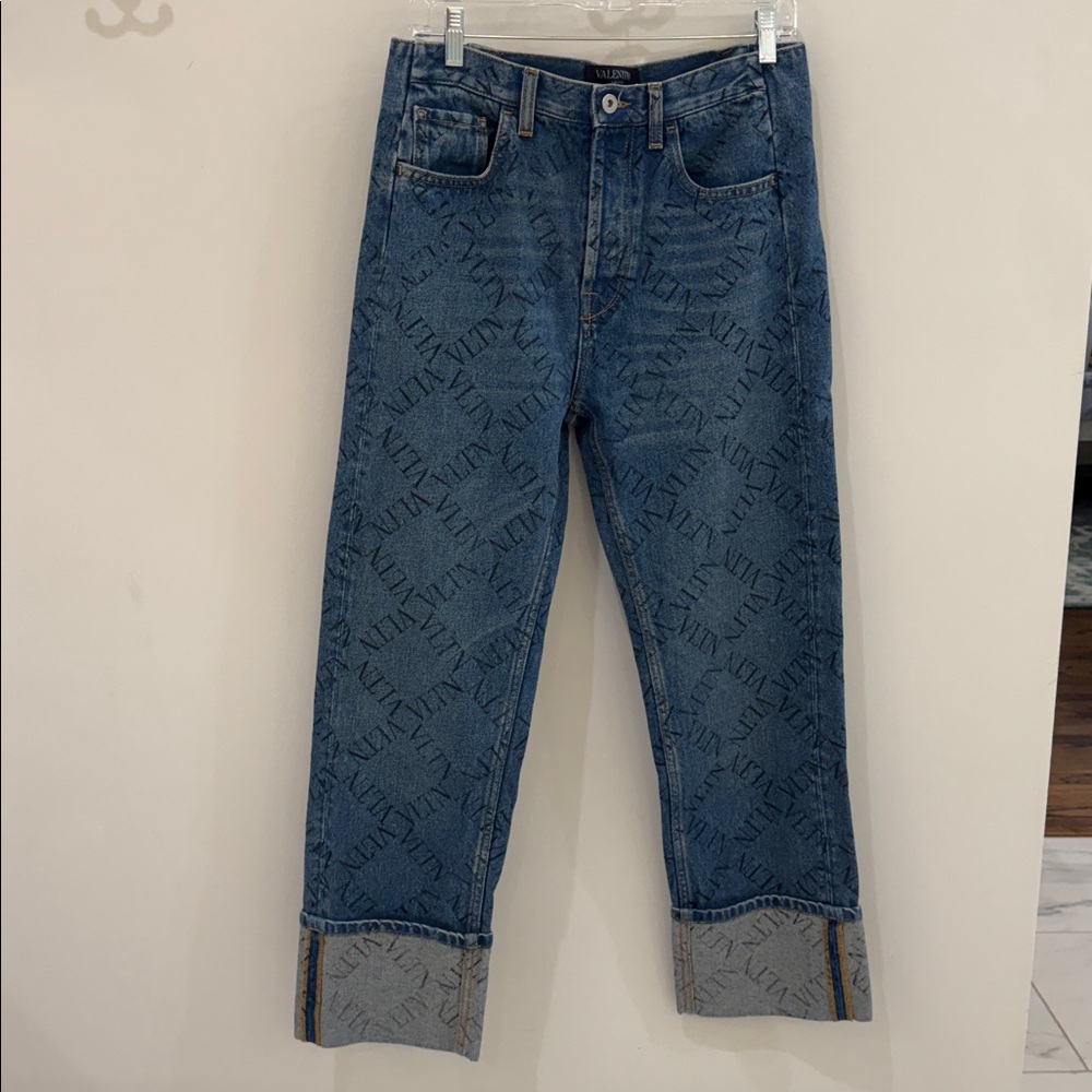 Valentino Blue Grid Logo Cuffed Jeans